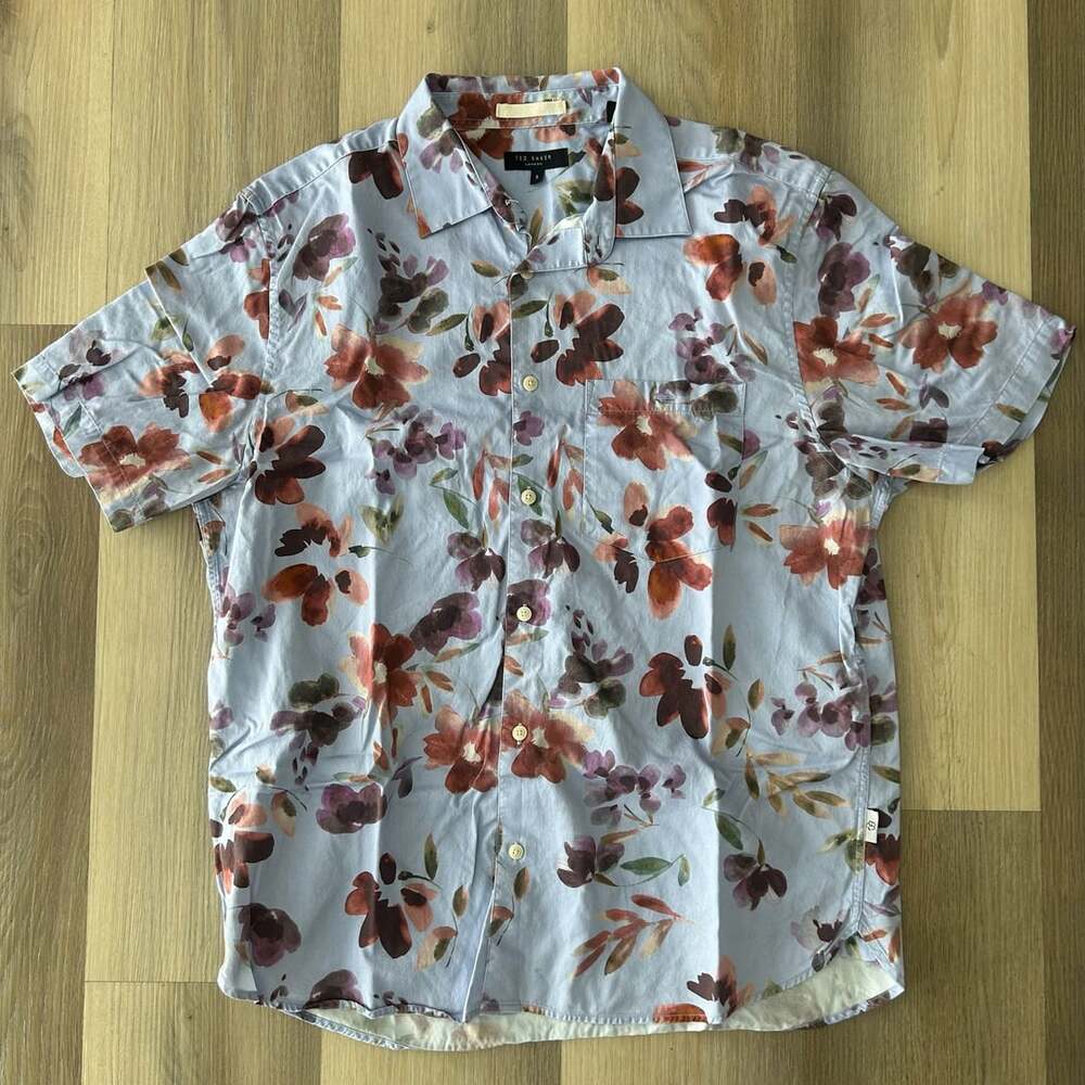 Ted Baker Floral Short Sleeve Button Down Shirt Size 5 Blue
